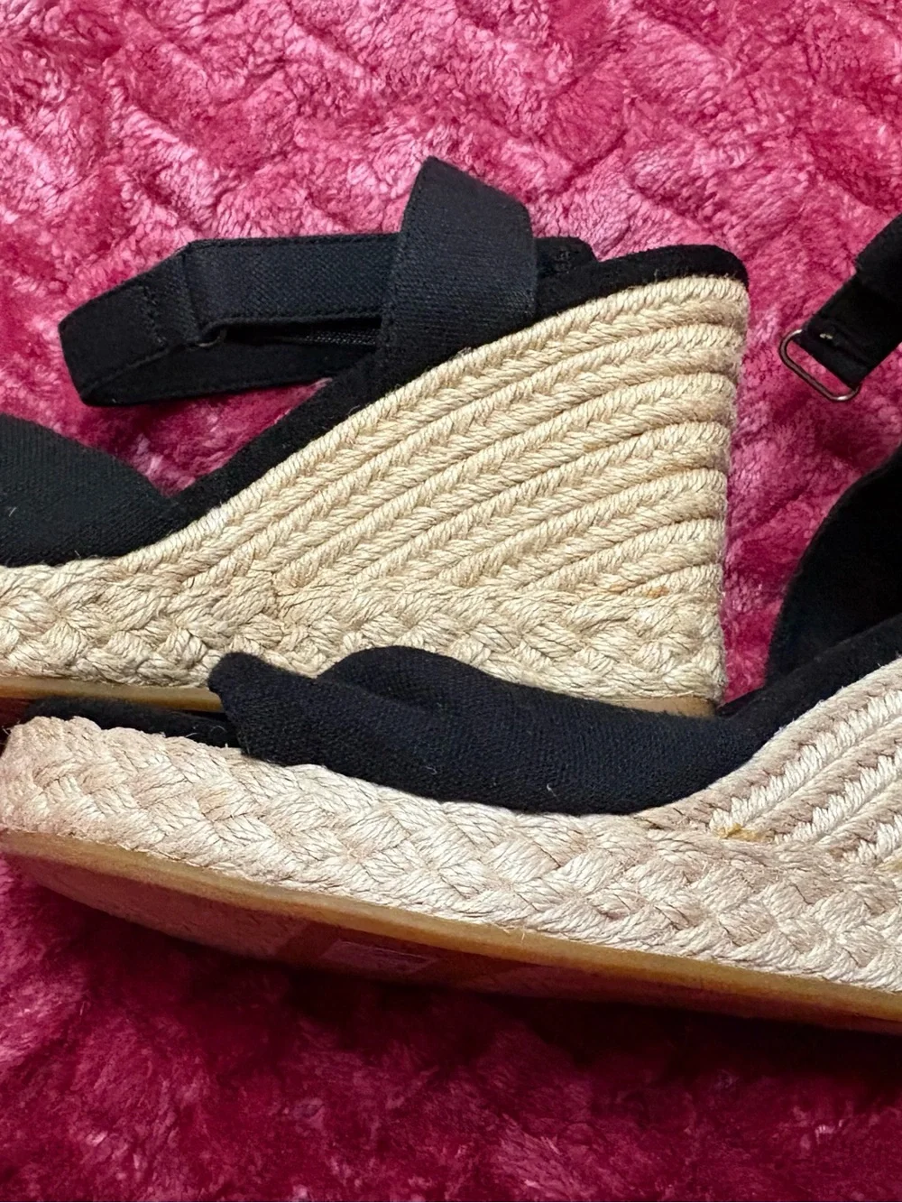 TOMS Black Espadrille Wedge Sandals with Ankle Strap